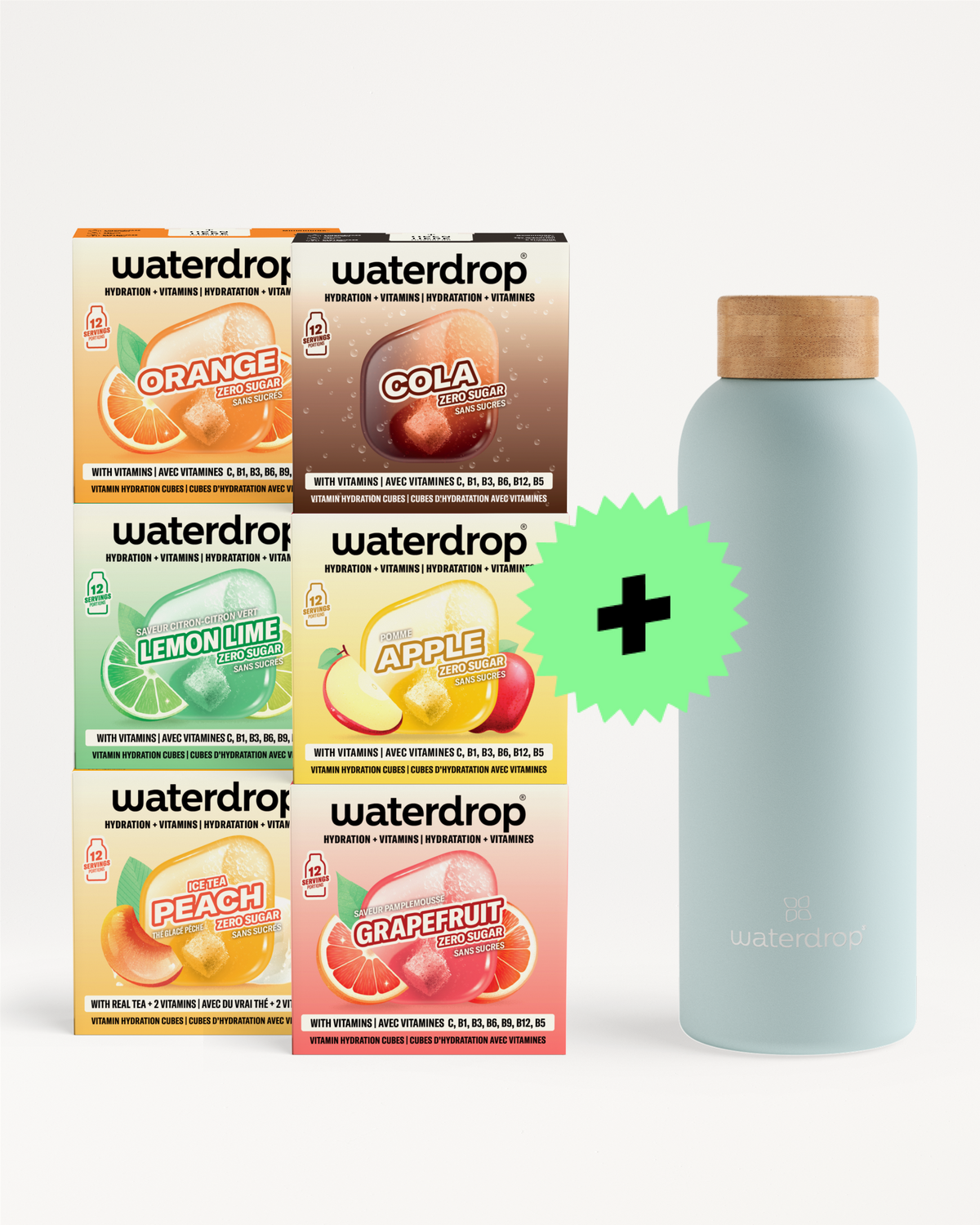 Assorted Waterdrop flavor boxes arranged beside a light blue bottle with a wooden cap and a green plus symbol.