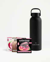 Matte black water bottle with a loop handle beside assorted Waterdrop flavor packets.