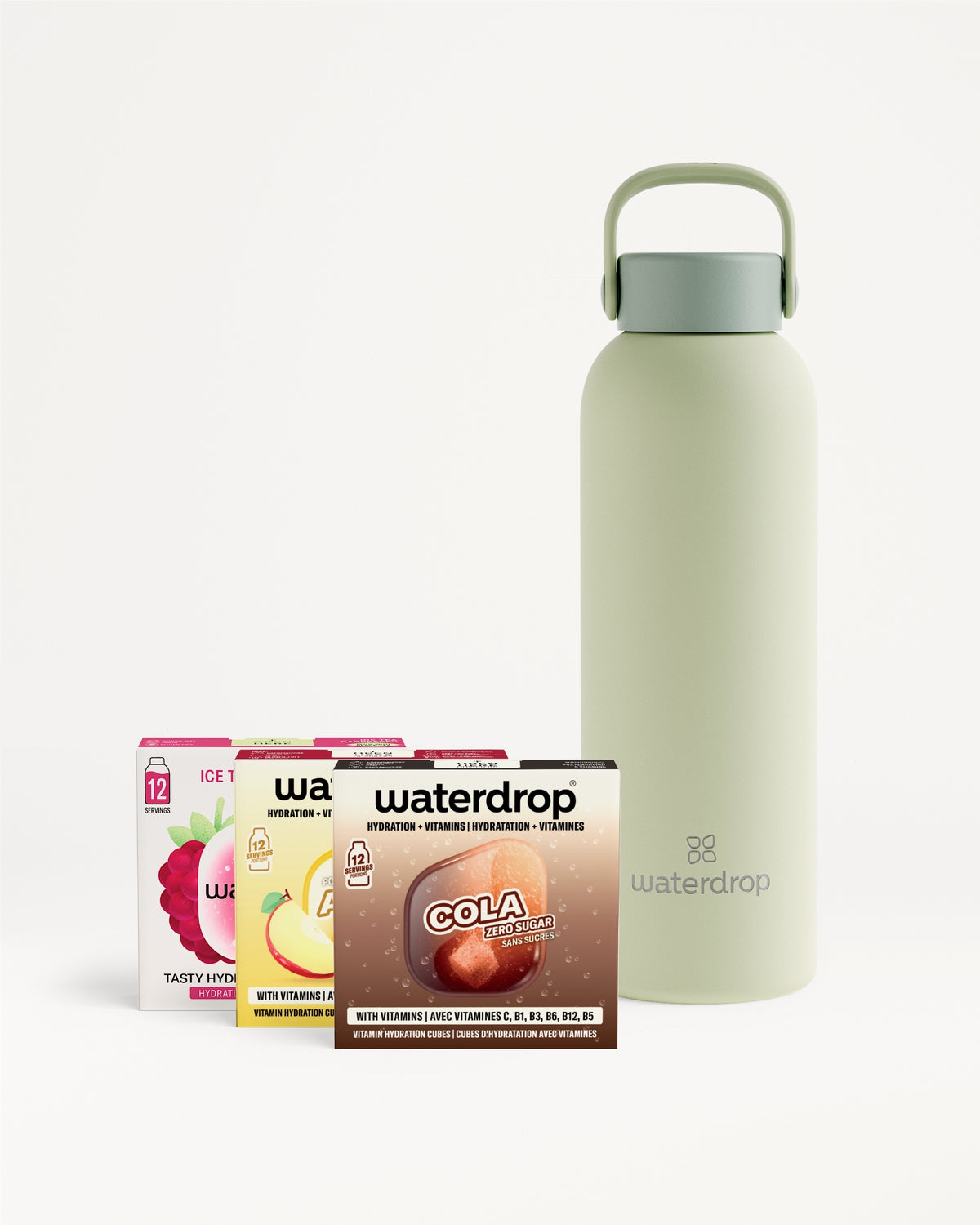 Light green reusable water bottle with a handle, surrounded by assorted small beverage boxes.