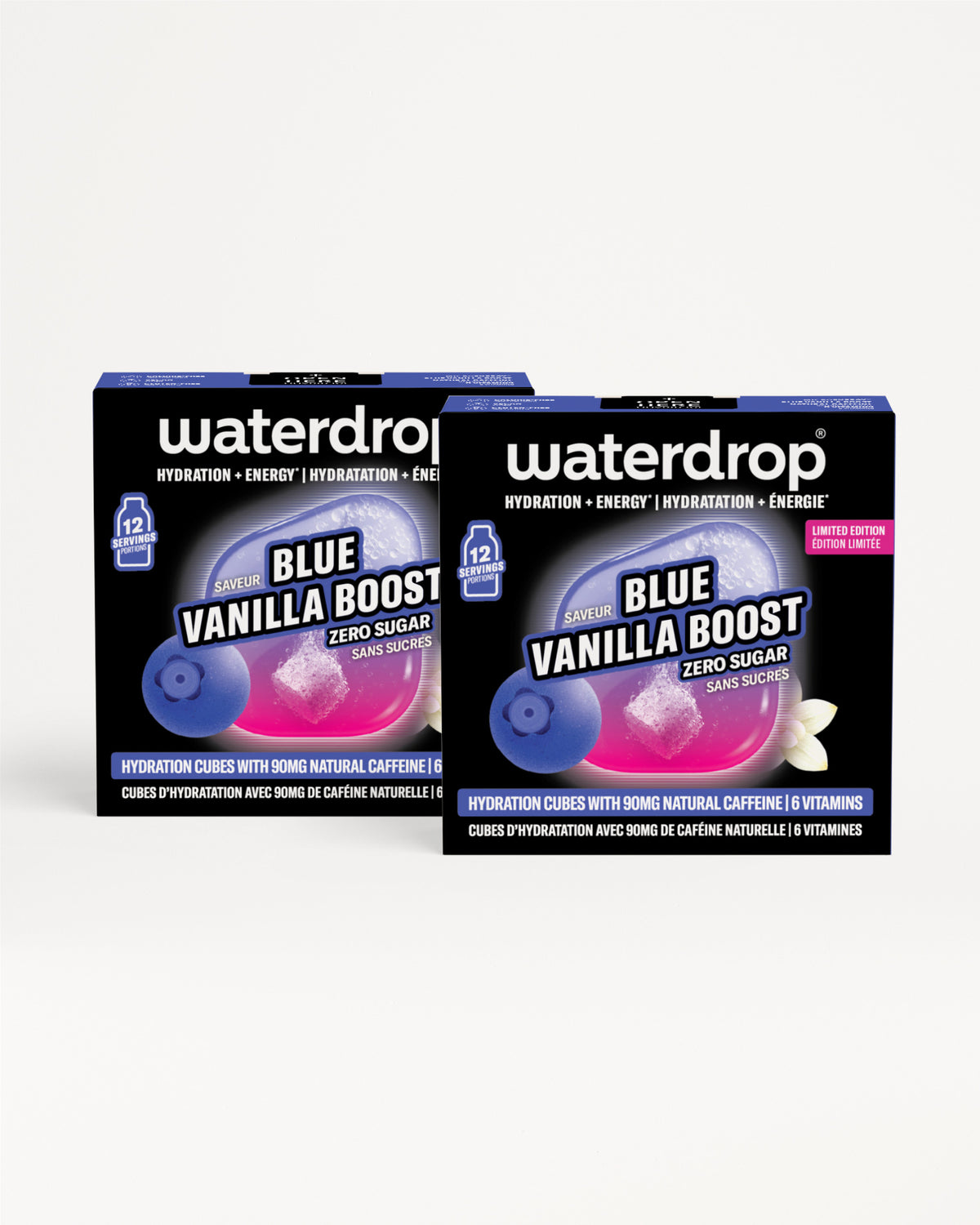 Two blue Vanilla Boost hydration cube boxes on a white background.