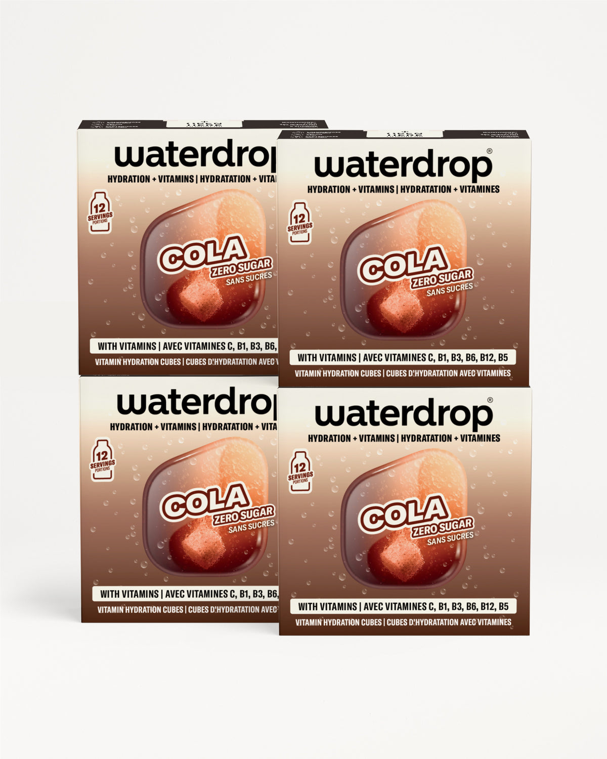 Four Waterdrop Cola boxes arranged in a 2x2 grid.