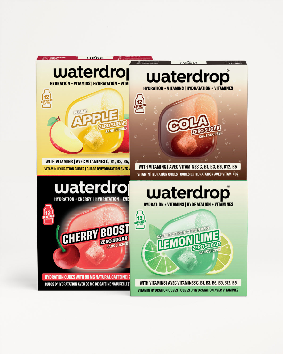 Four-pack of Waterdrop hydration drinks in Apple, Cola, Cherry Boost, and Lemon Lime flavors.