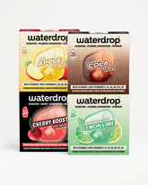 Four-pack of Waterdrop hydration drinks in Apple, Cola, Cherry Boost, and Lemon Lime flavors.