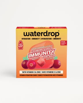 Yellow-orange Waterdrop box featuring cranberry imagery and a red top