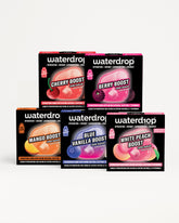 Collection of Waterdrop flavor boost boxes arranged in two rows.