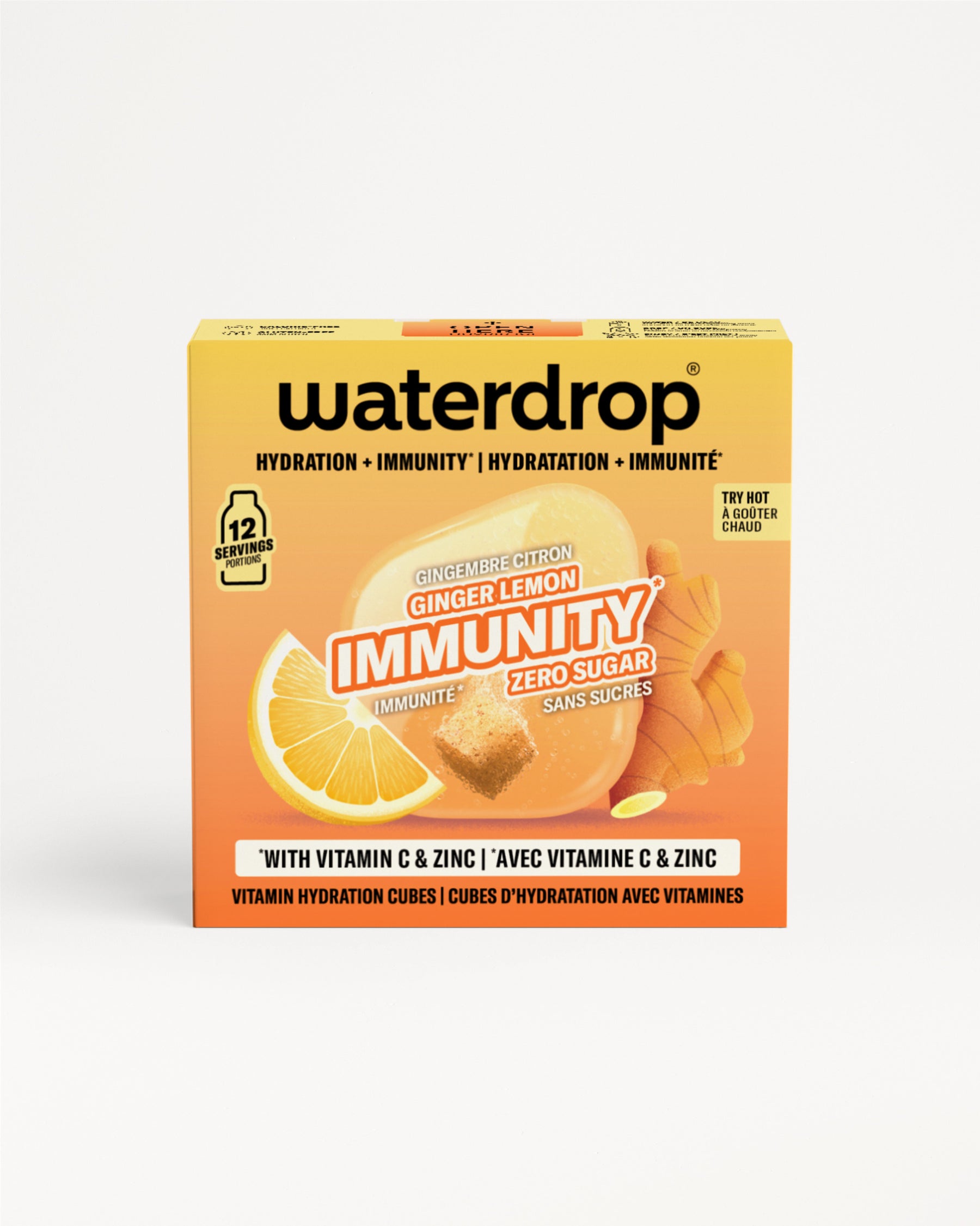 Orange Waterdrop immunity box with lemon and ginger imagery.