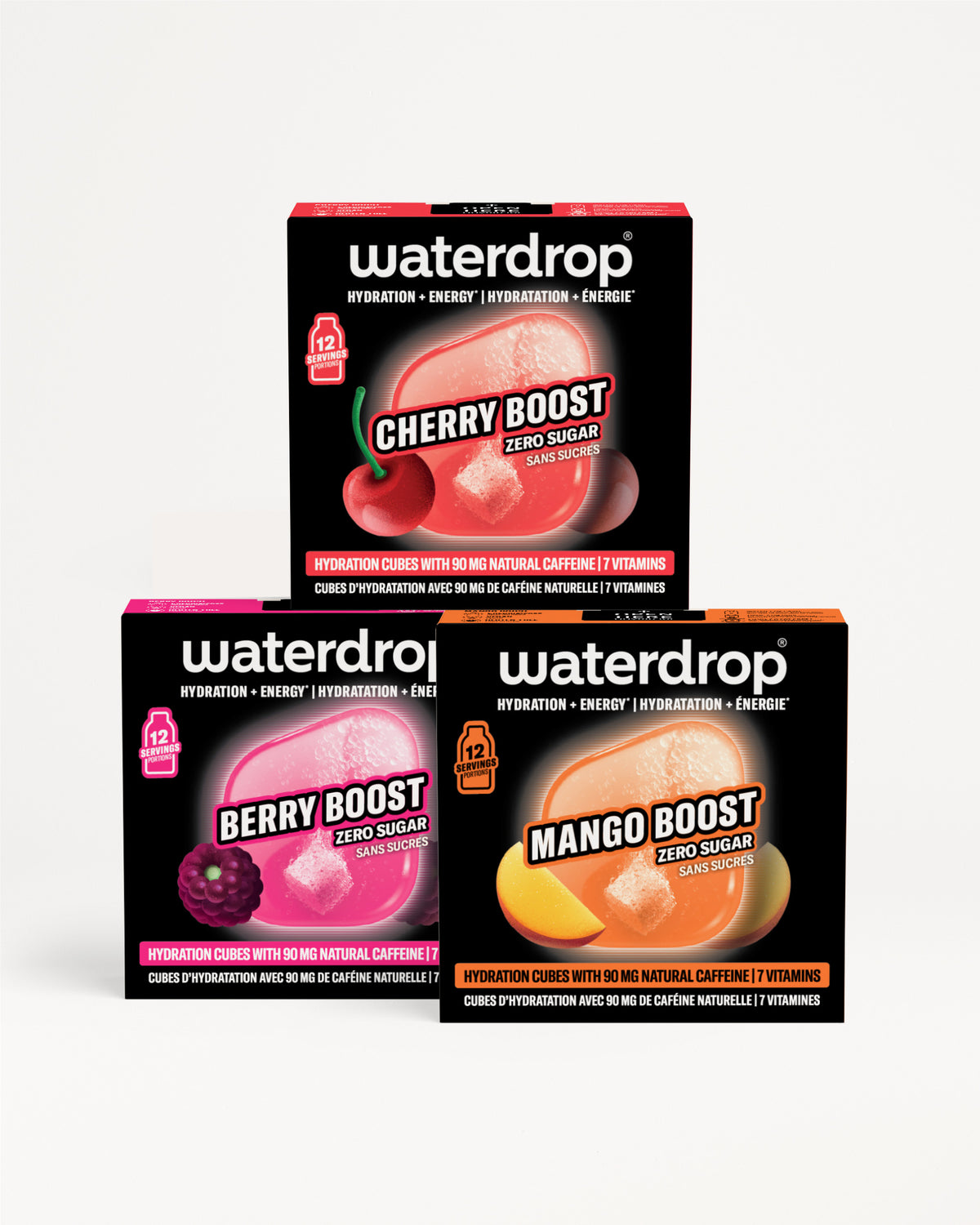 Three Waterdrop hydration boxes stacked in a pyramid on a white background.