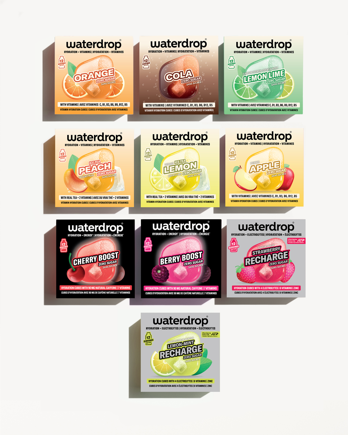 Assortment of Waterdrop flavor boxes arranged in a pyramid.