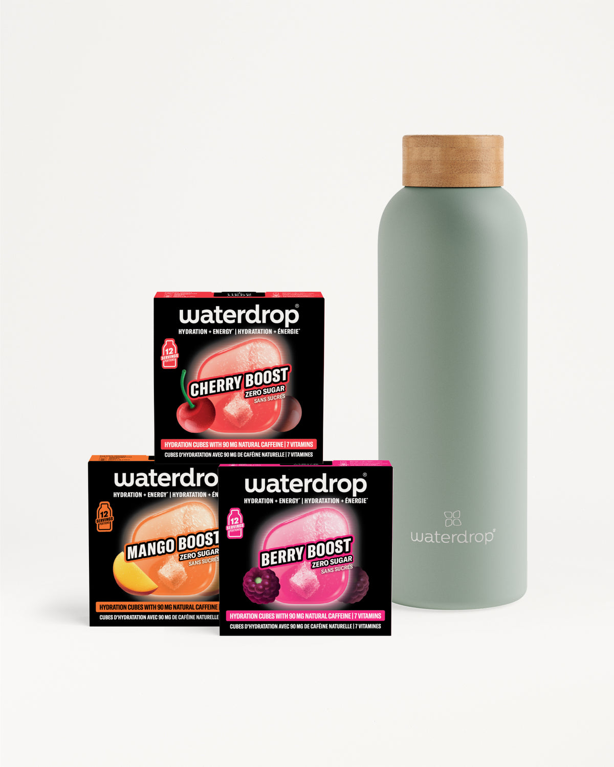 Three Waterdrop flavor boost boxes arranged in front of a light gray bottle with a wooden cap.