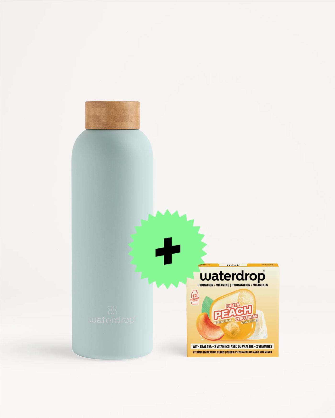 Light blue reusable bottle with a wooden cap beside a small peach-flavored sachet and a bright green circular badge with a plus sign.