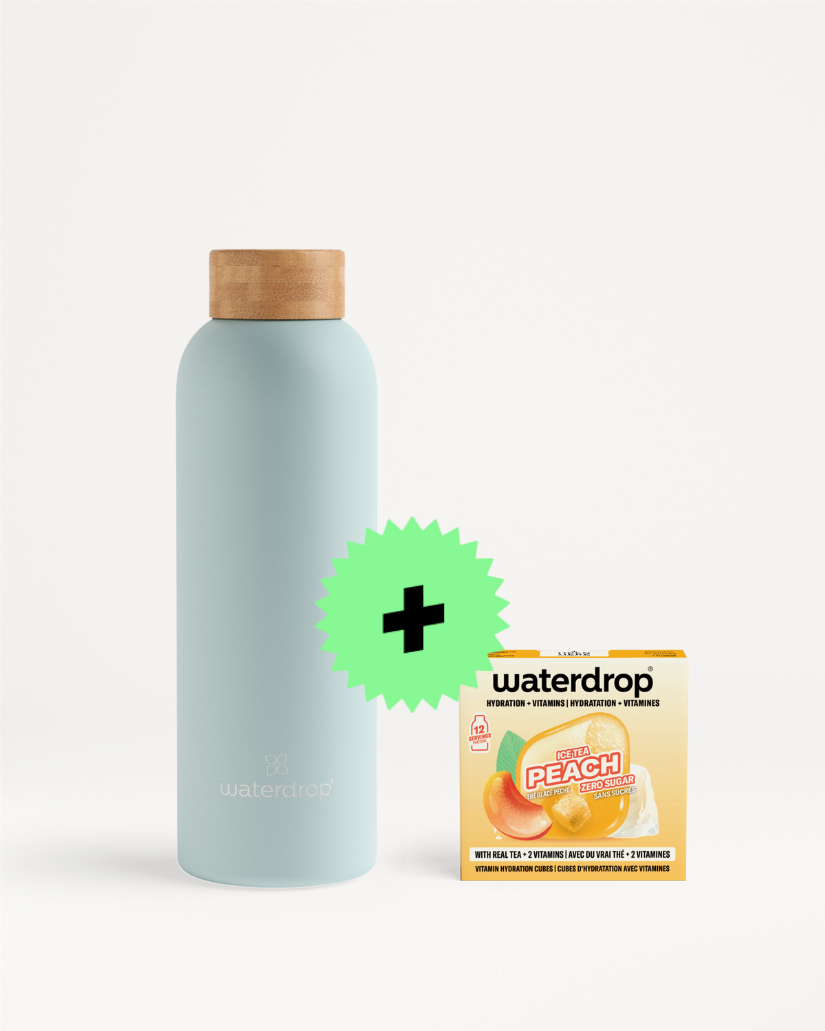 Light blue reusable water bottle with a wooden cap beside a peach-flavored Waterdrop box and a green plus sign badge.