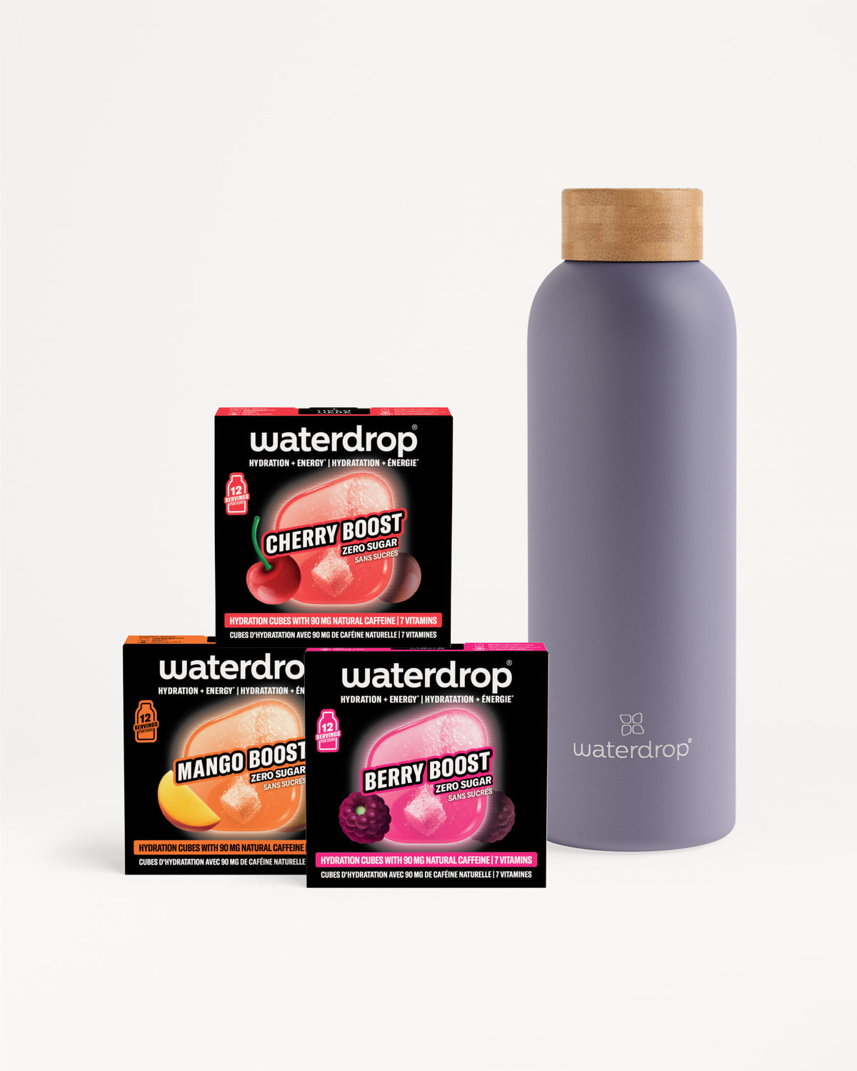 Assortment of three Waterdrop Boost boxes beside a purple bottle with a wooden cap.
