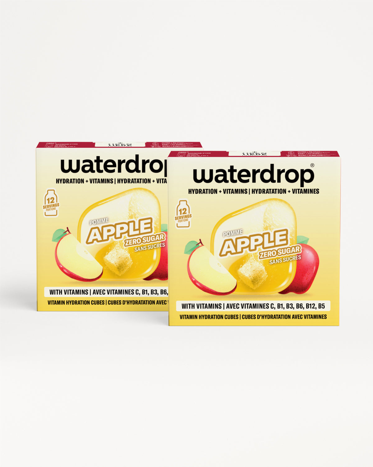 Two yellow Waterdrop hydration product boxes displayed side by side.