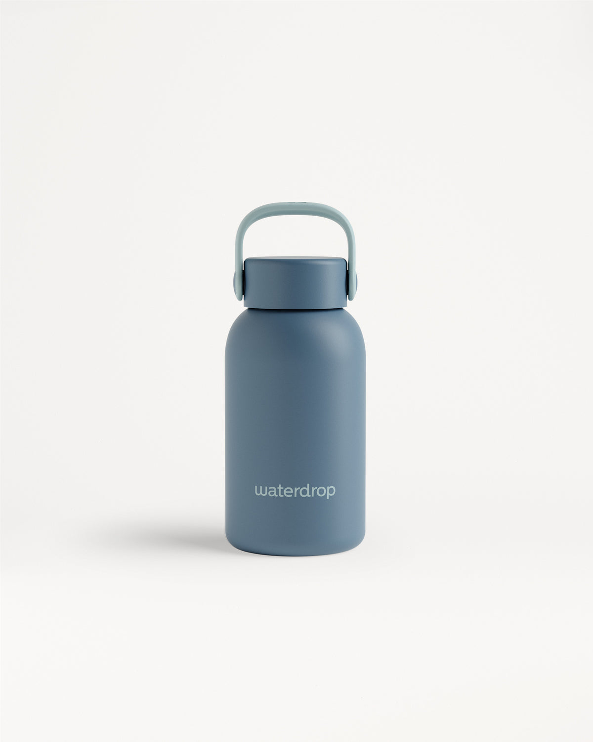 Blue insulated water bottle with a handle on a white background.