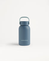 Blue insulated water bottle with a handle on a white background.