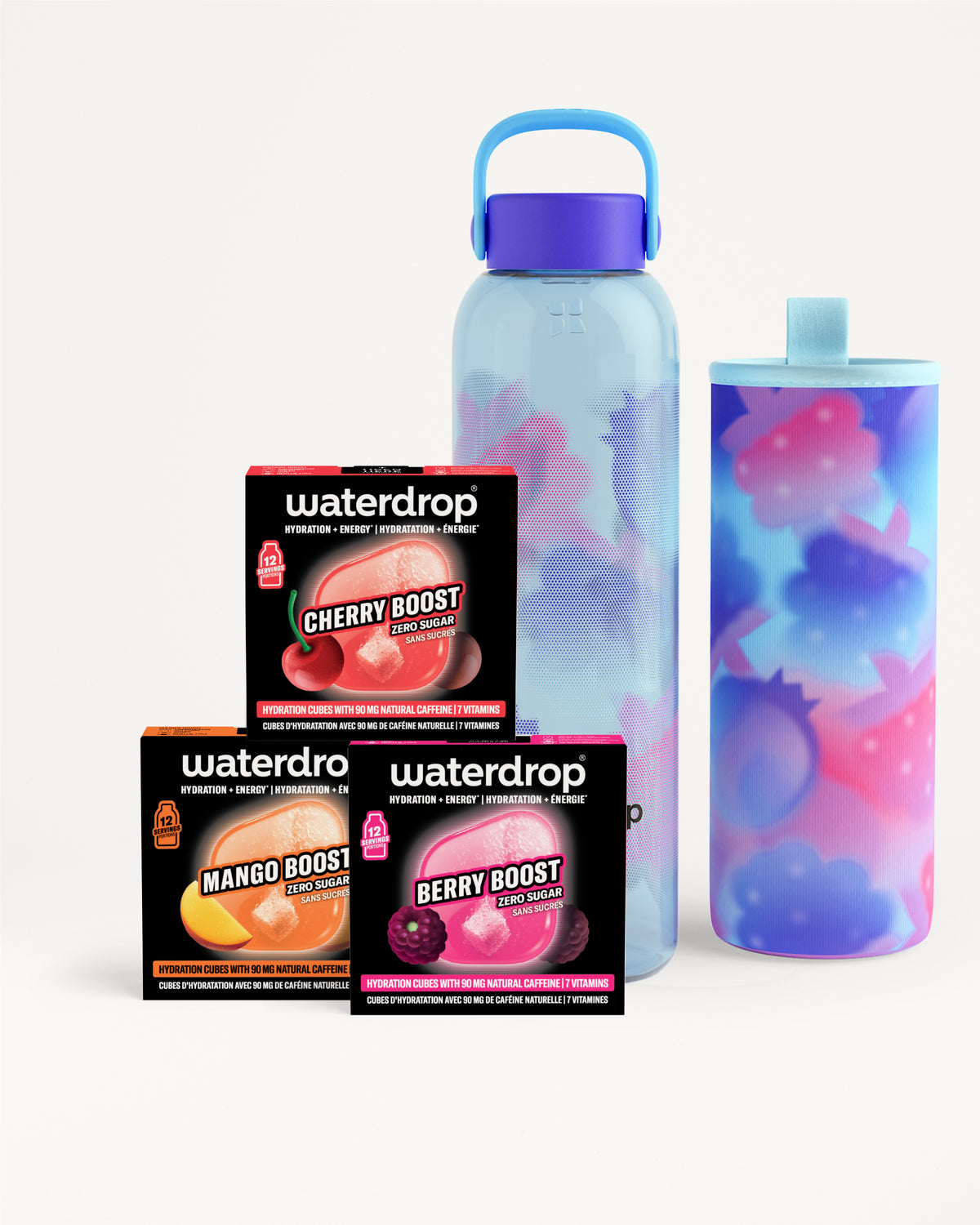 Three flavor boxes beside a light blue gradient reusable water bottle and a matching tumbler.