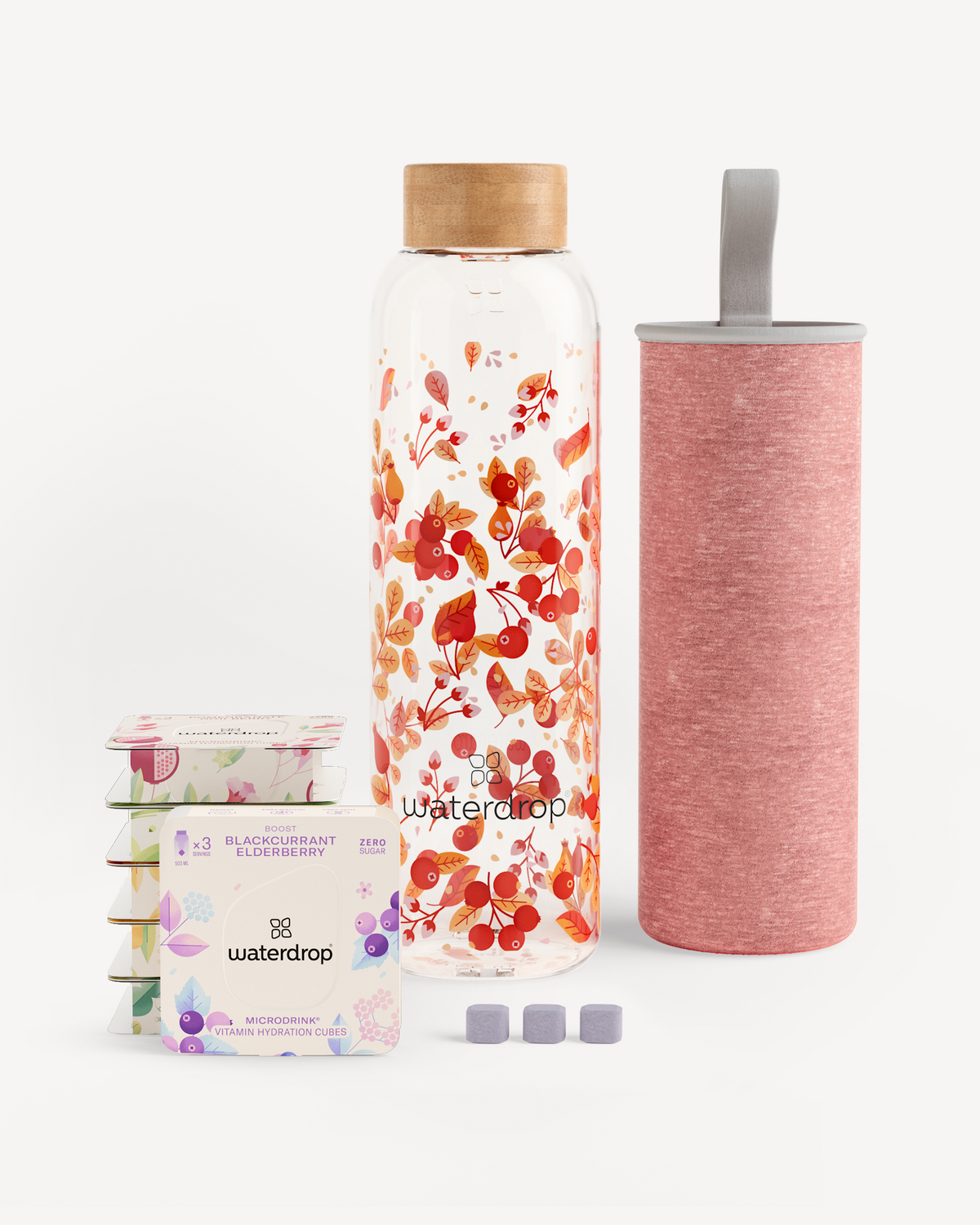 Starter Set Microdrink Glass: Includes a borosilicate glass bottle and three packs of flavored water Microdrink cubes, perfect for convenient hydration.