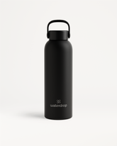 Thermo Steel Bottle · Carry Cap, matte-black, waterdrop branding near base.