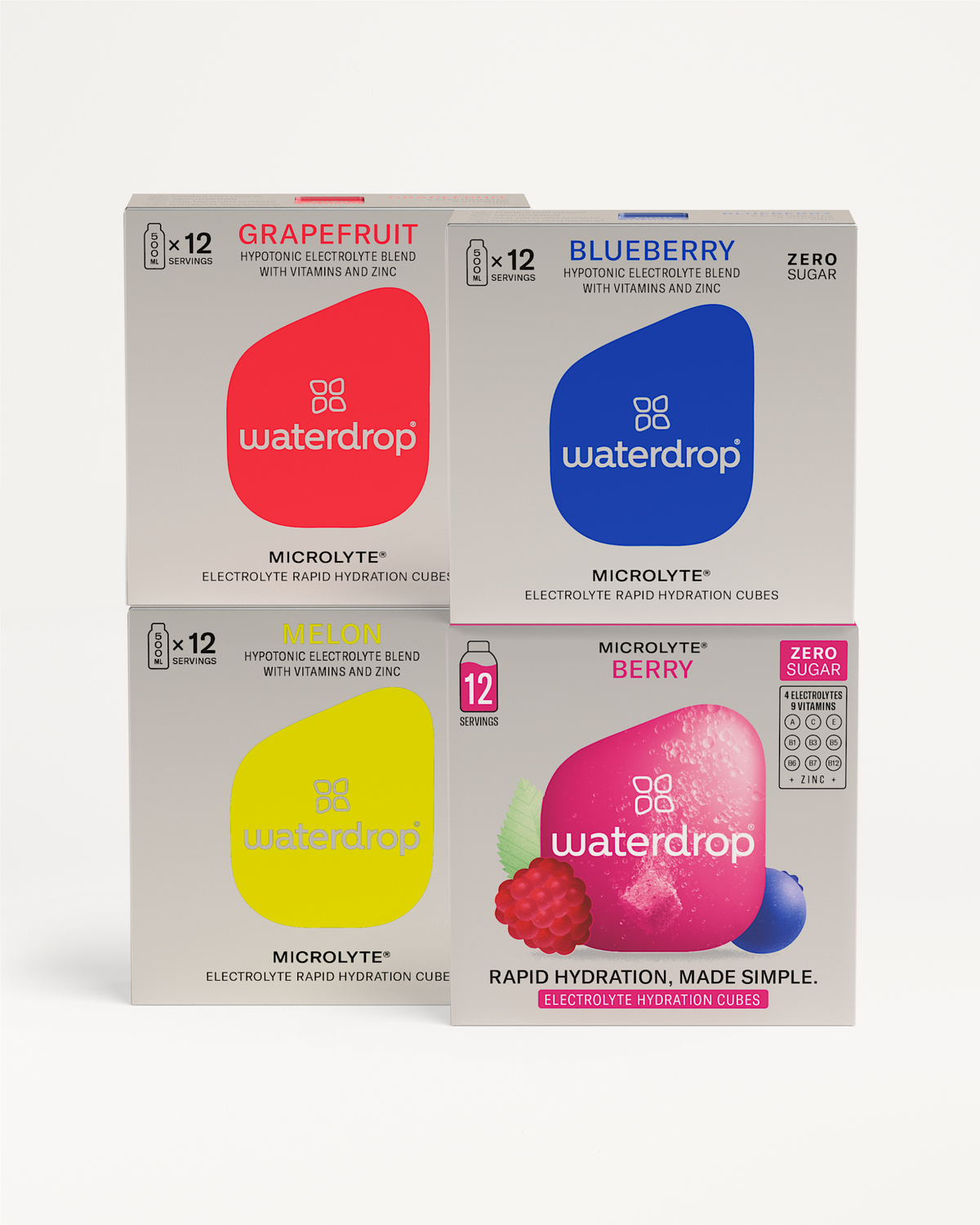 Microlyte Set of electrolyte-rich flavored drinks: Berry, Blueberry, GRAPEFRUIT microdrink, and Melon, in colorful 12-packs with visible logos.	