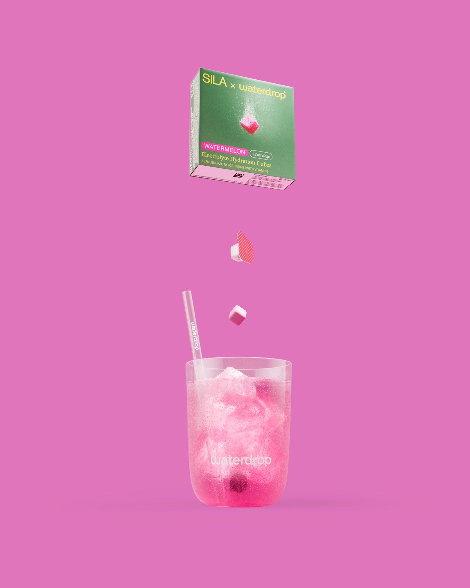 SILA Watermelon electrolyte cubes in branded glass.