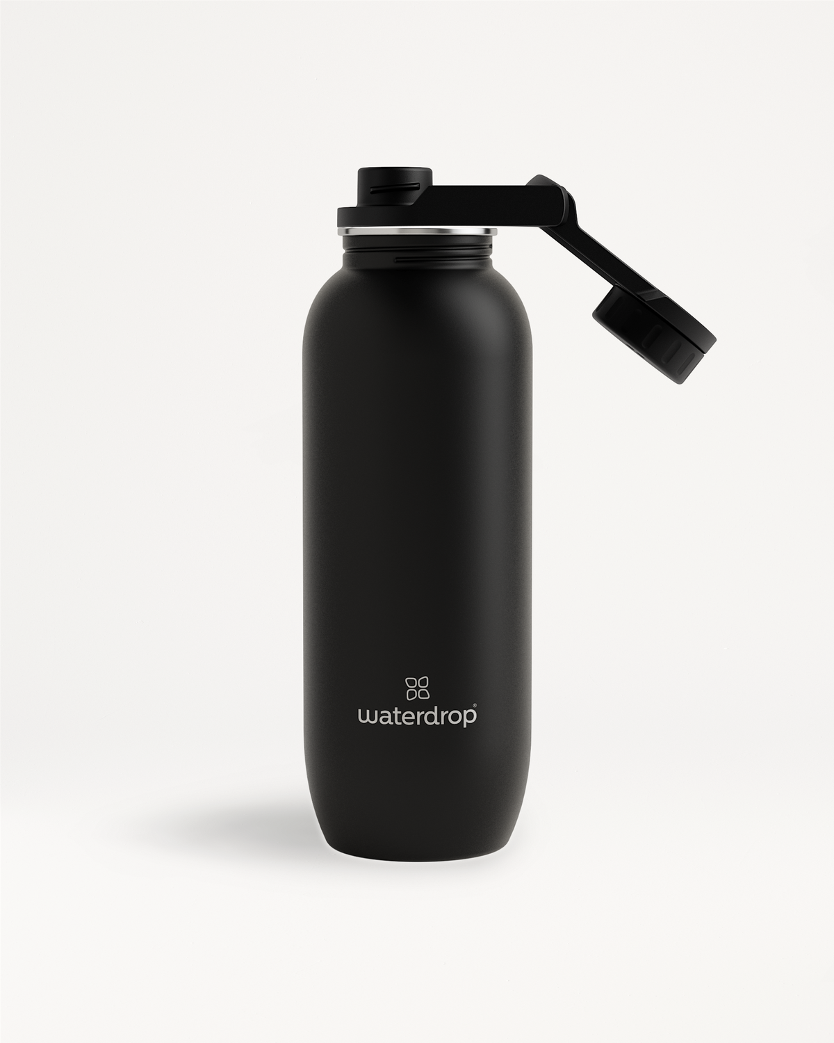 All-Purpose Ultralight Bottle with Swing Lid, black, featuring a practical attached cap for hygienic use. Ideal for excursions and daily hydration needs.