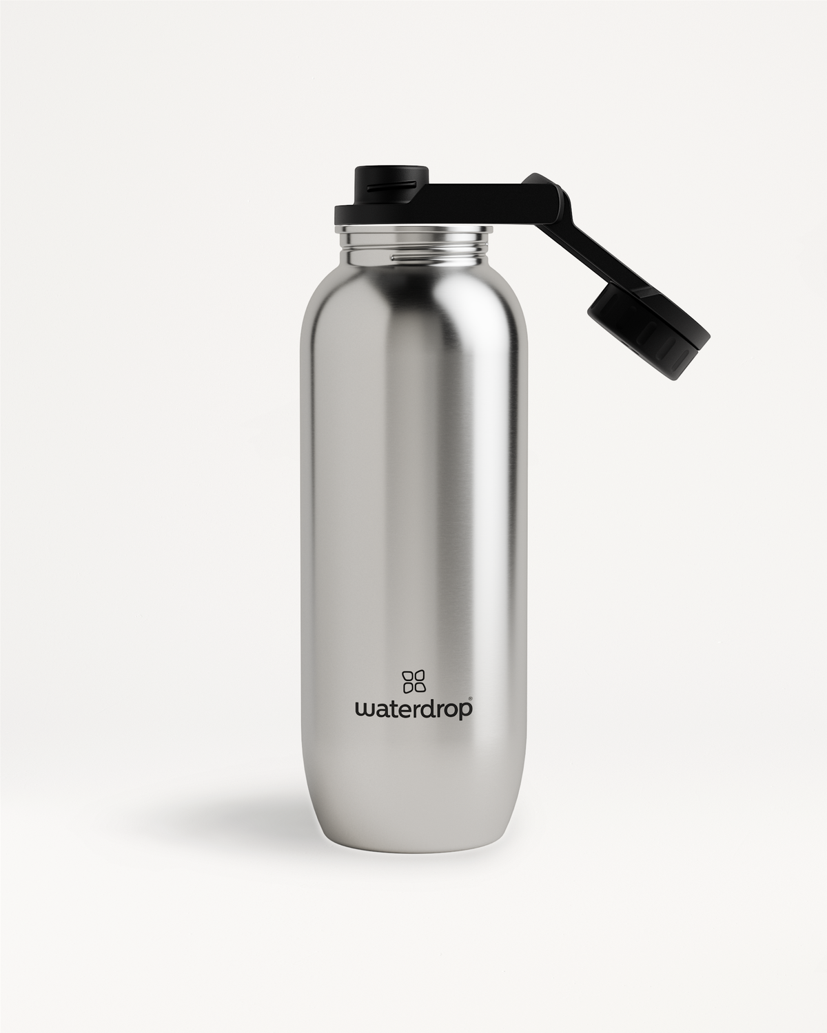 All-Purpose Ultralight Bottle with Swing Lid, featuring a silver finish and black cap for easy, hygienic hydration.