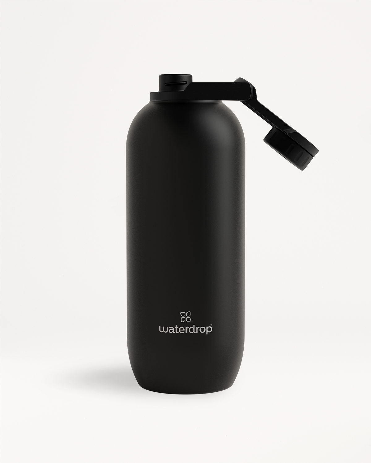 All-Purpose Thermo · Swing Lid black water bottle, vacuum-insulated for 24-hour cold refreshment, shown with attached cap for secure hydration.