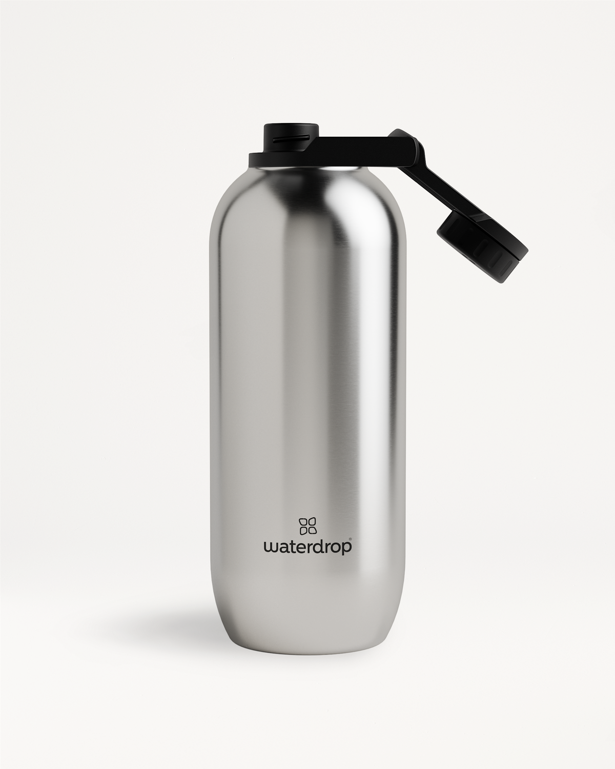 Silver All-Purpose Thermo water bottle with a black Swing Lid cap, designed for vacuum insulation and available in multiple sizes for hot and cold beverages.