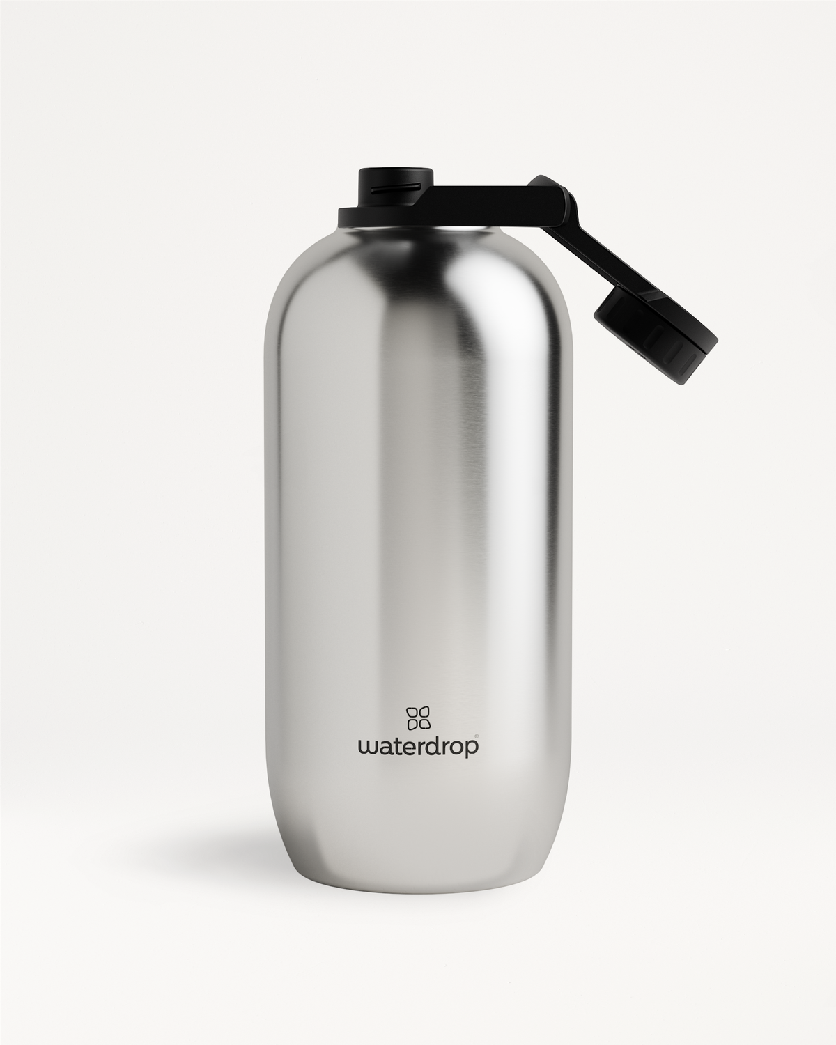 Silver All-Purpose Thermo bottle with a black Swing Lid cap, ideal for 24-hour cold drinks, available in multiple sizes.