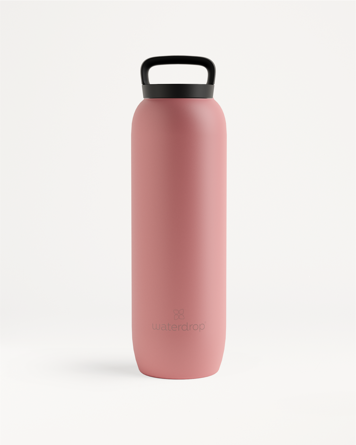 All-Purpose Thermo · Loop Lid: A pink, double-walled stainless steel water bottle with a black loop handle, designed to keep drinks cold for 24 hours and hot for 6 hours.