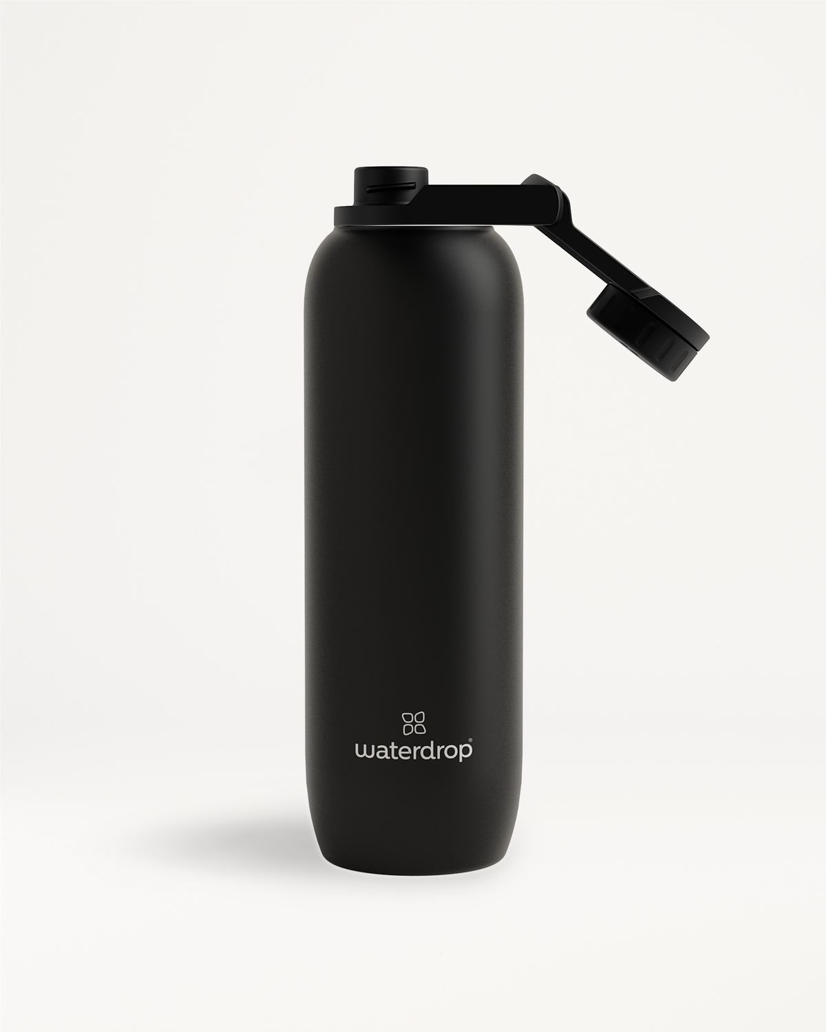 Black All-Purpose Thermo bottle with Swing Lid, featuring a vacuum-insulated design for maintaining drink temperatures.