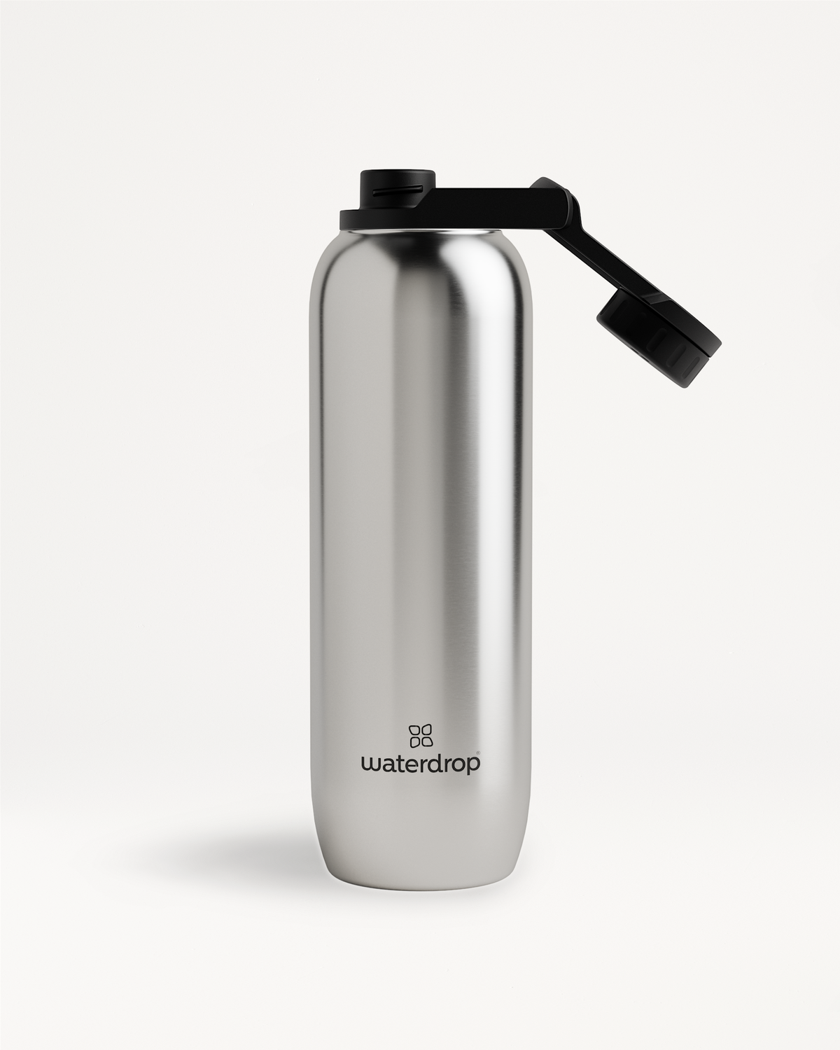 Silver All-Purpose Thermo water bottle with black Swing Lid for secure hydration, vacuum-insulated to keep drinks cold for 24 hours.