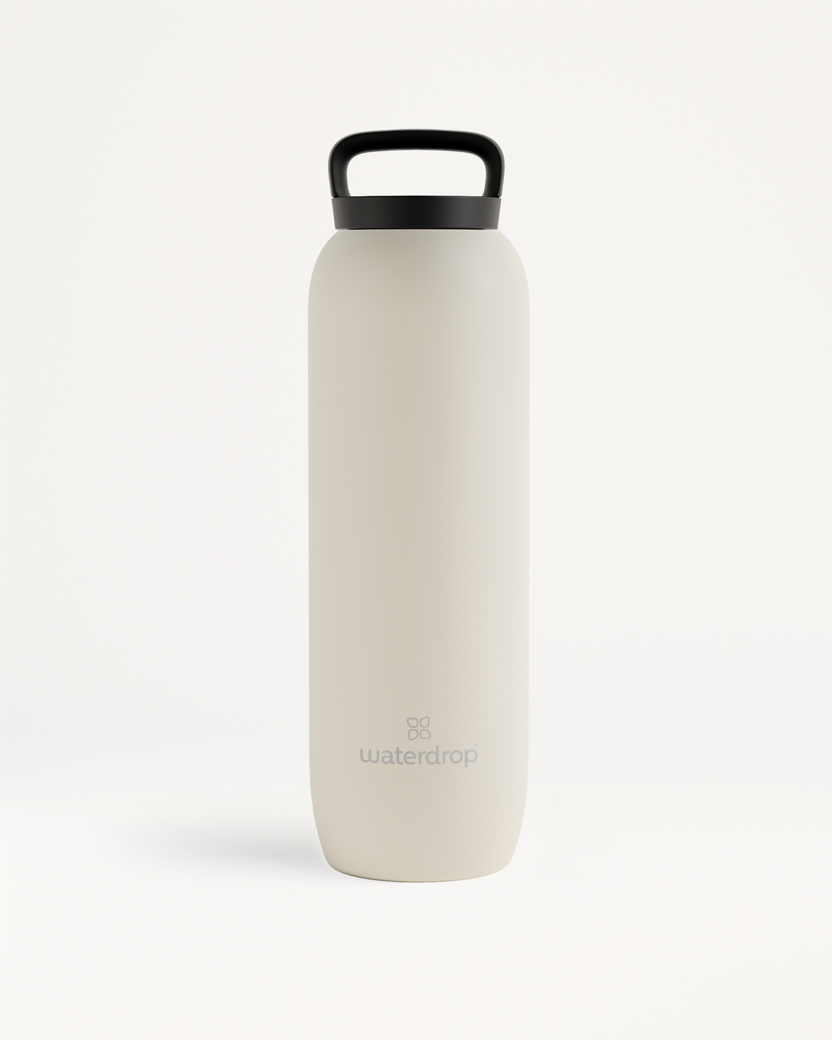 All-Purpose Thermo water bottle with black loop lid, double-walled stainless steel, ideal for keeping drinks cold for 24 hours or hot for 6 hours.