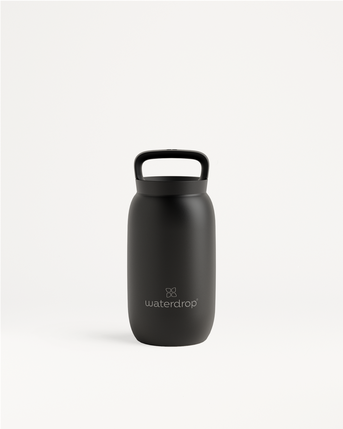 All-Purpose Thermo · Loop Lid, a black stainless steel water bottle with a white thermal drinking lid and a handle, designed to keep beverages hot or cold.