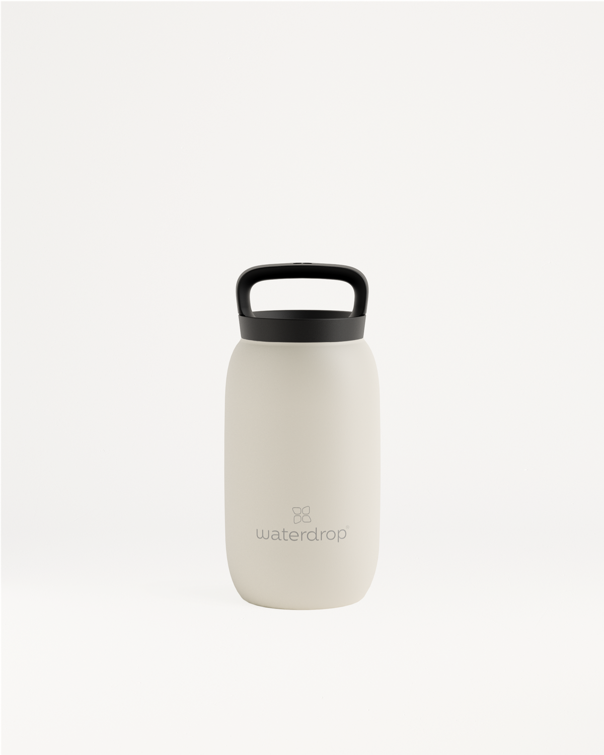 All-Purpose Thermo · Loop Lid: White stainless steel water bottle with double-walled insulation and practical thermal drinking lid featuring a black handle.