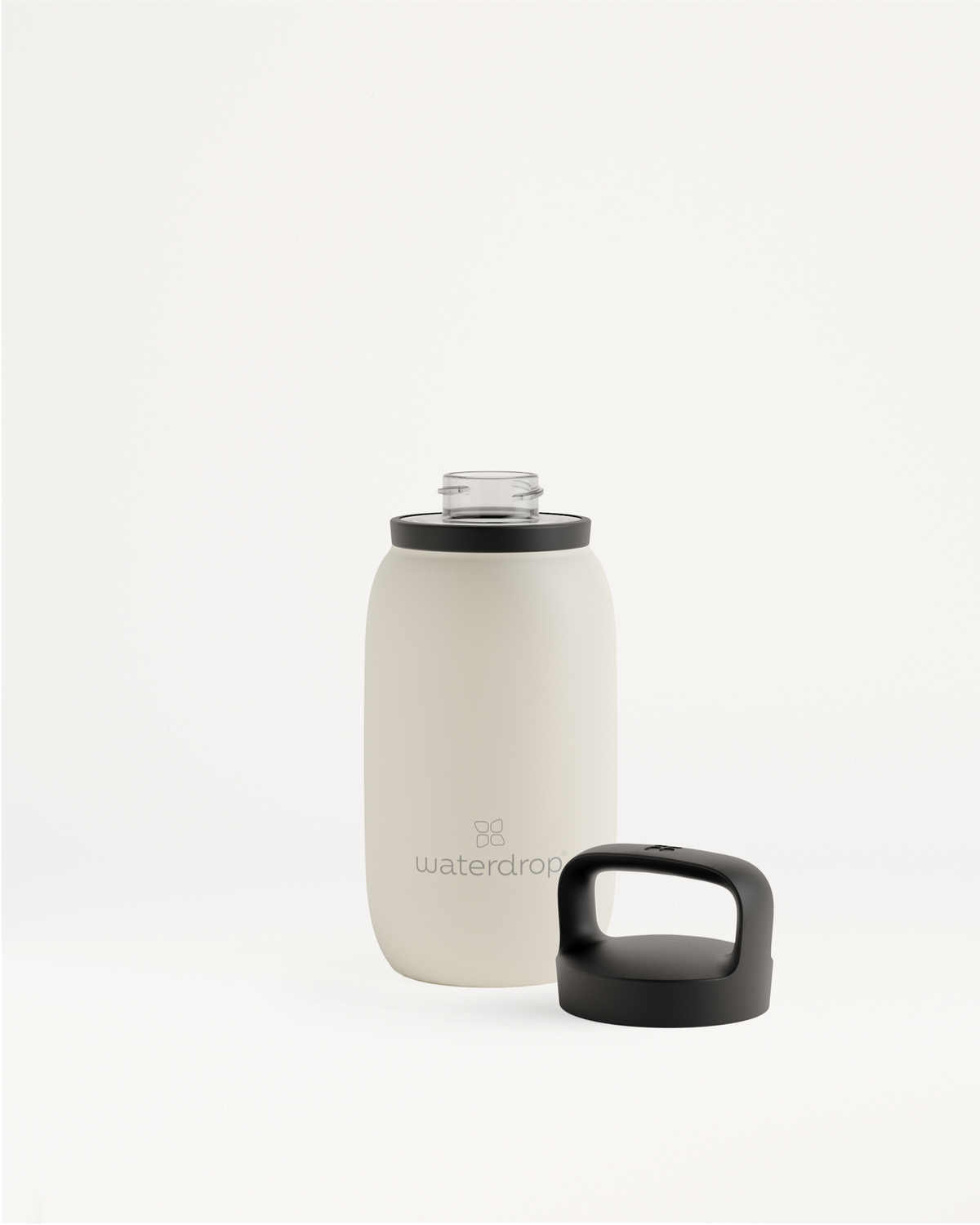 All-Purpose Thermo Bottle with Spout Lid, white with black cap, double-walled stainless steel for keeping drinks cold up to 24 hours.