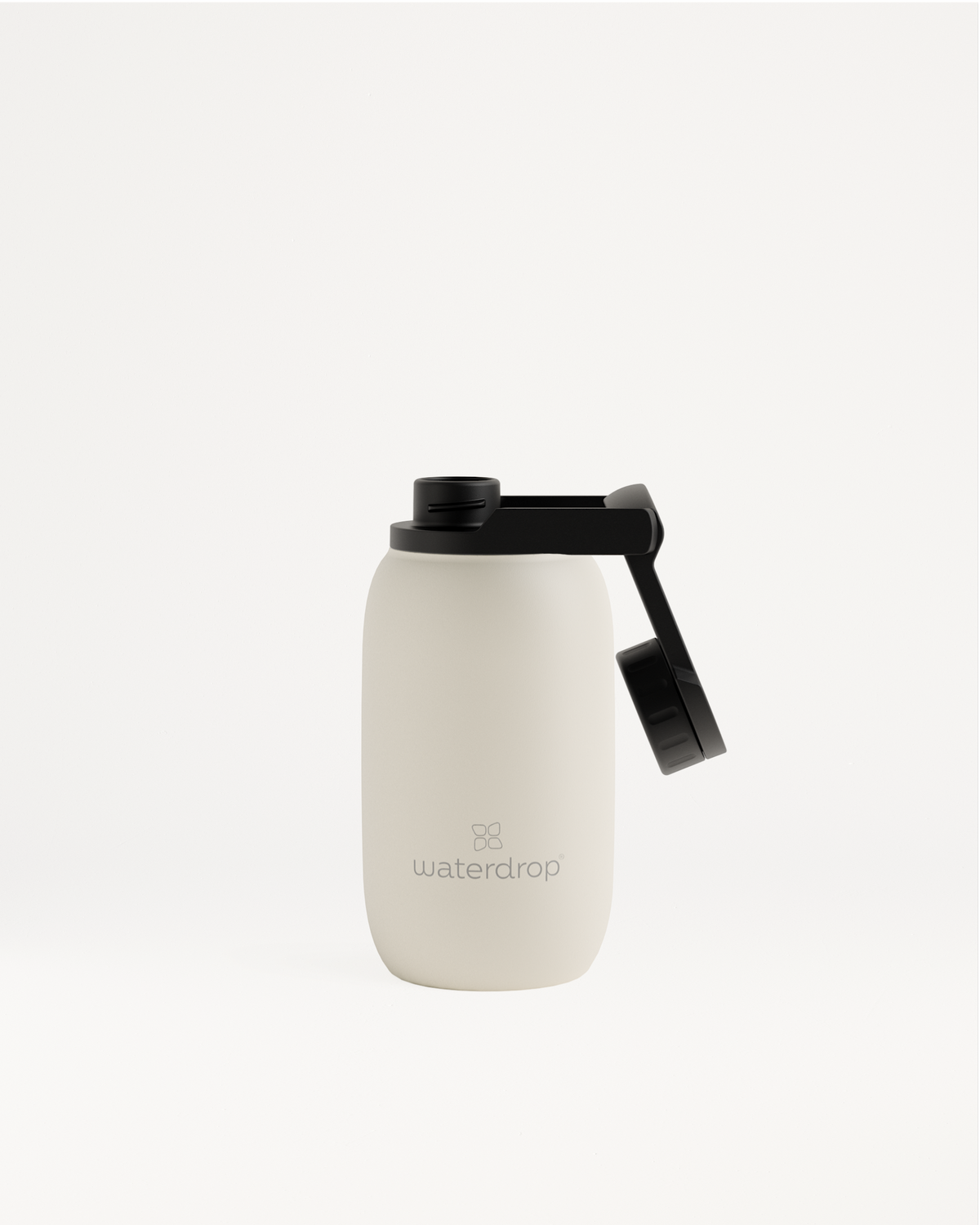 All-Purpose Thermo with Swing Lid, a white water bottle featuring a secure black cap, designed for long-lasting temperature retention.