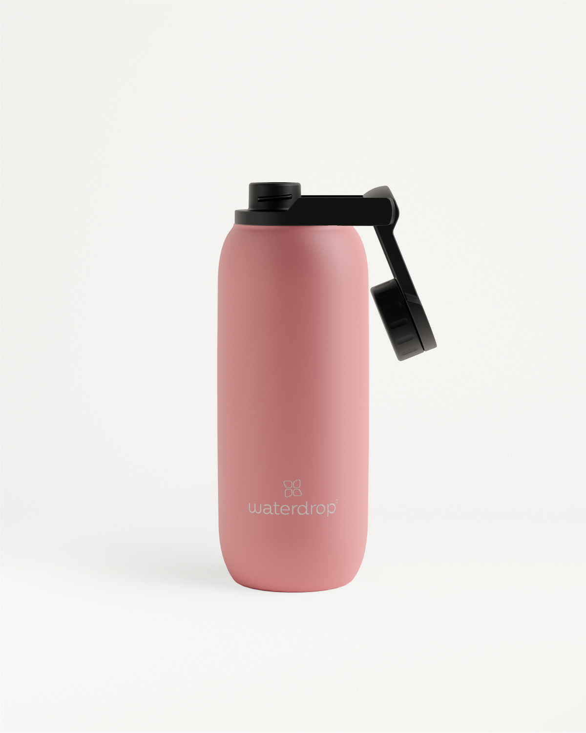 All-Purpose Thermo · Swing Lid, vacuum-insulated pink water bottle with a black cap, ideal for 24-hour cold drinks.