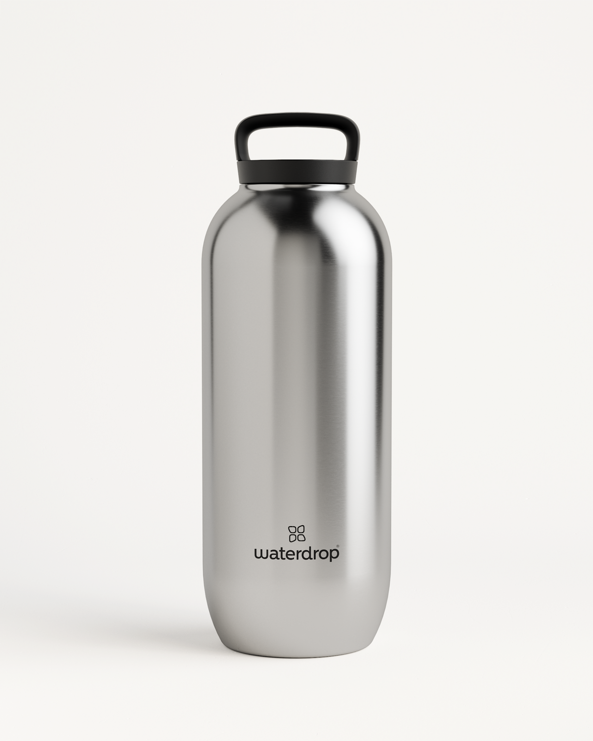 All-Purpose Thermo · Loop Lid: A silver stainless steel water bottle with a black loop handle, designed for thermal insulation and available in multiple sizes.