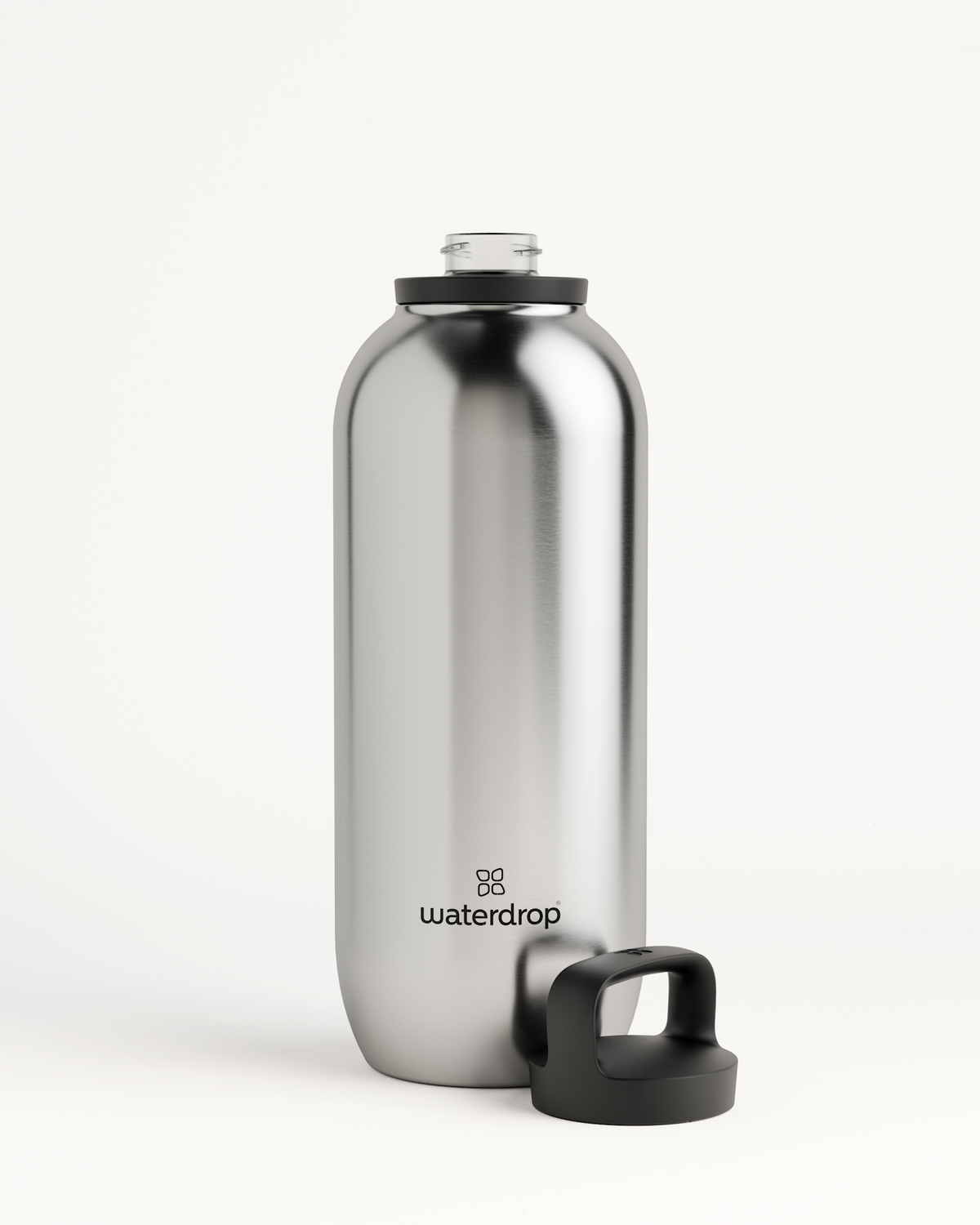 Silver All-Purpose Thermo bottle with Spout Lid, featuring double-walled stainless steel for insulation and an extra-large opening for ice cubes.