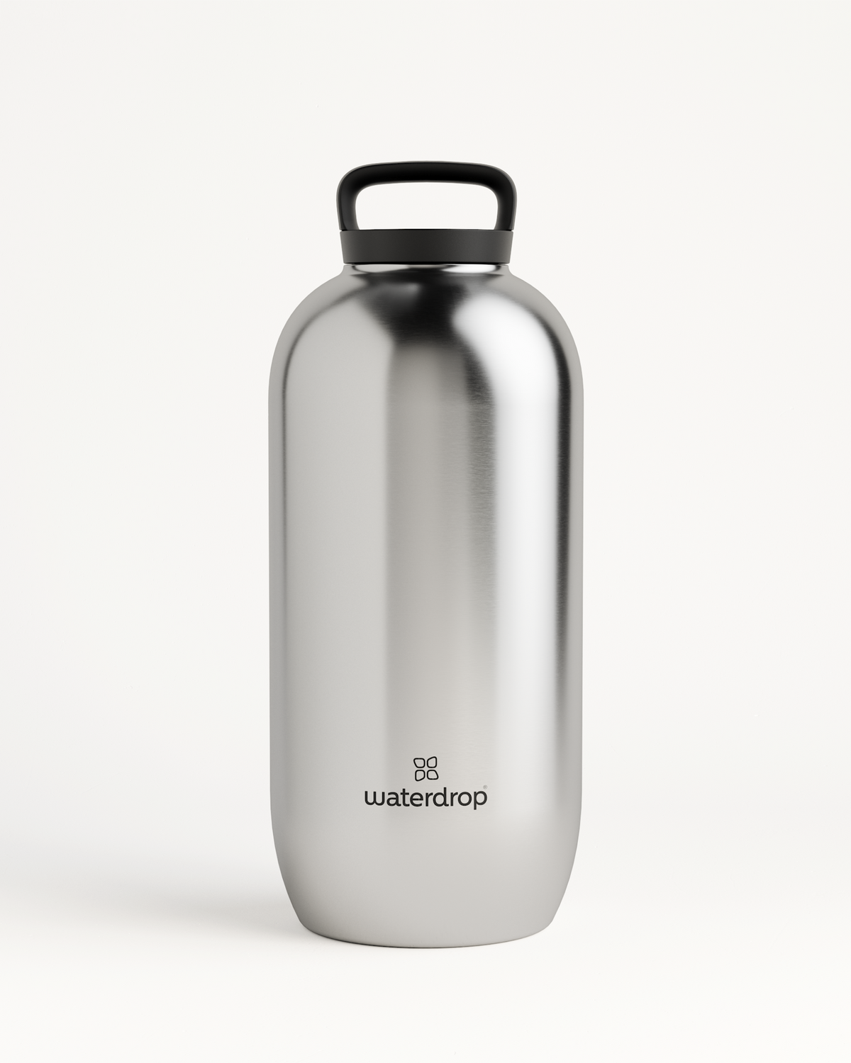 Silver All-Purpose Thermo water bottle with a black loop handle, double-walled insulation, and thermal drinking lid.