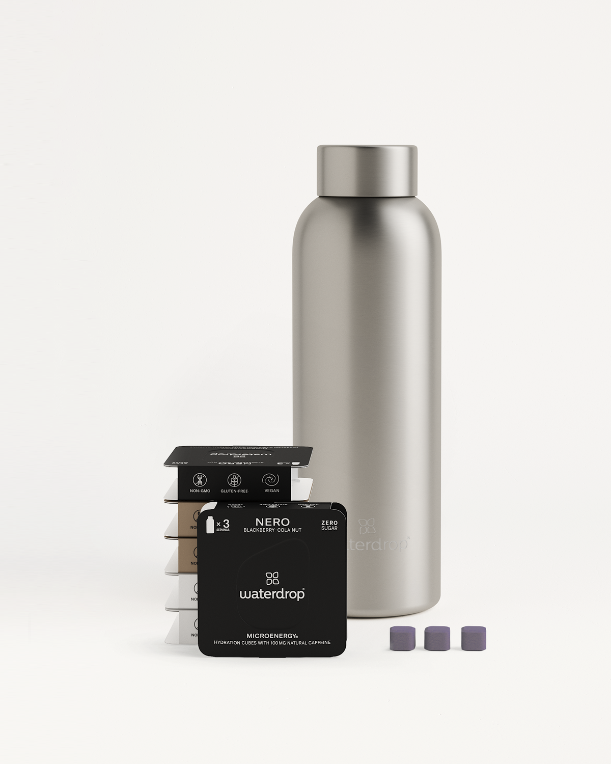 Starter Set Microenergy Thermo Steel: Includes a silver bottle and stack of black and purple energy cubes.