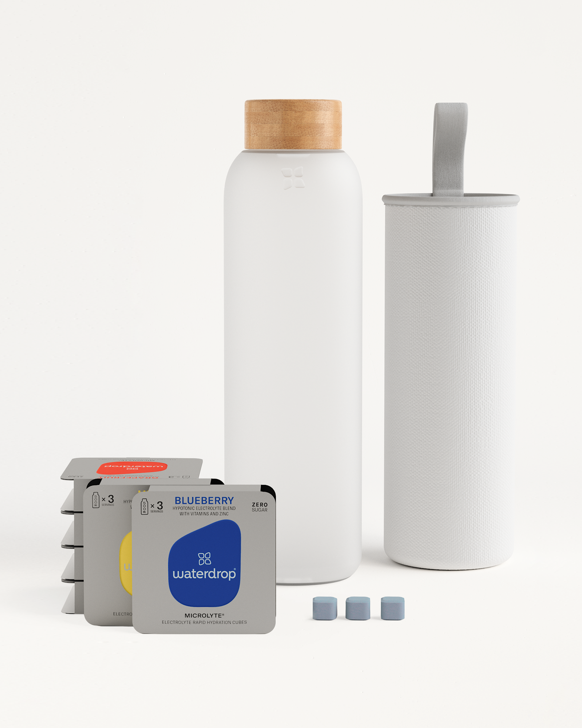 Starter Set Microlyte Glass: white bottle, cloth, and filter; includes electrolytes, vitamins, zinc, and a high-quality glass bottle.