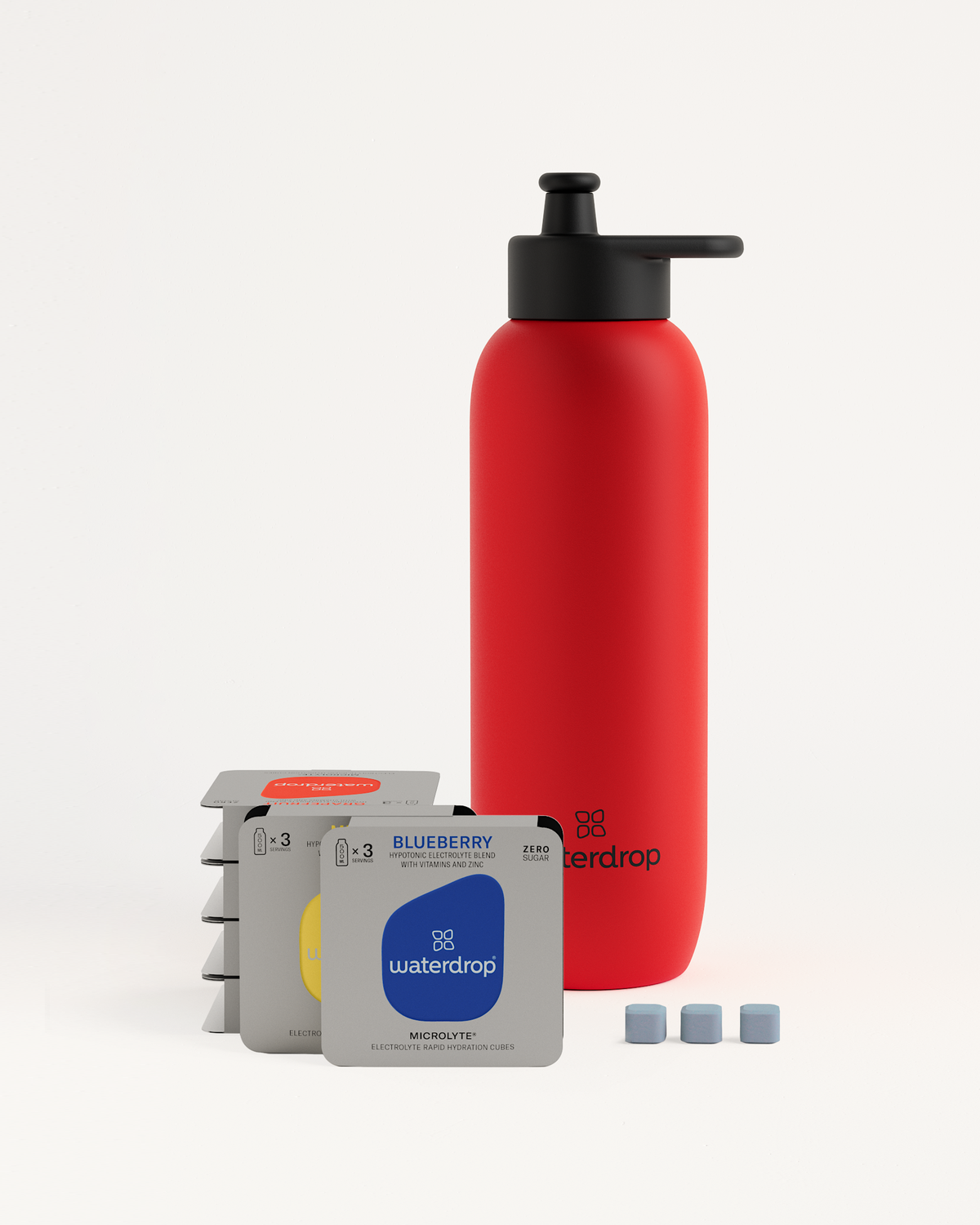 Starter Set Microlyte Ultralight Steel featuring a red steel bottle with a black lid and a Microlyte Taster Pack displaying small packages.