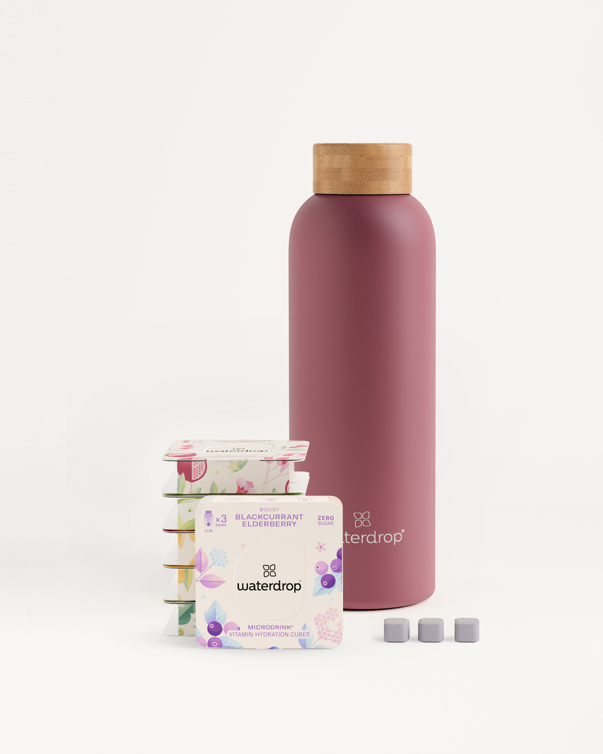 Starter Set Microdrink Thermo Steel showing six Microdrink 3-Packs and a 600ml stainless steel bottle.