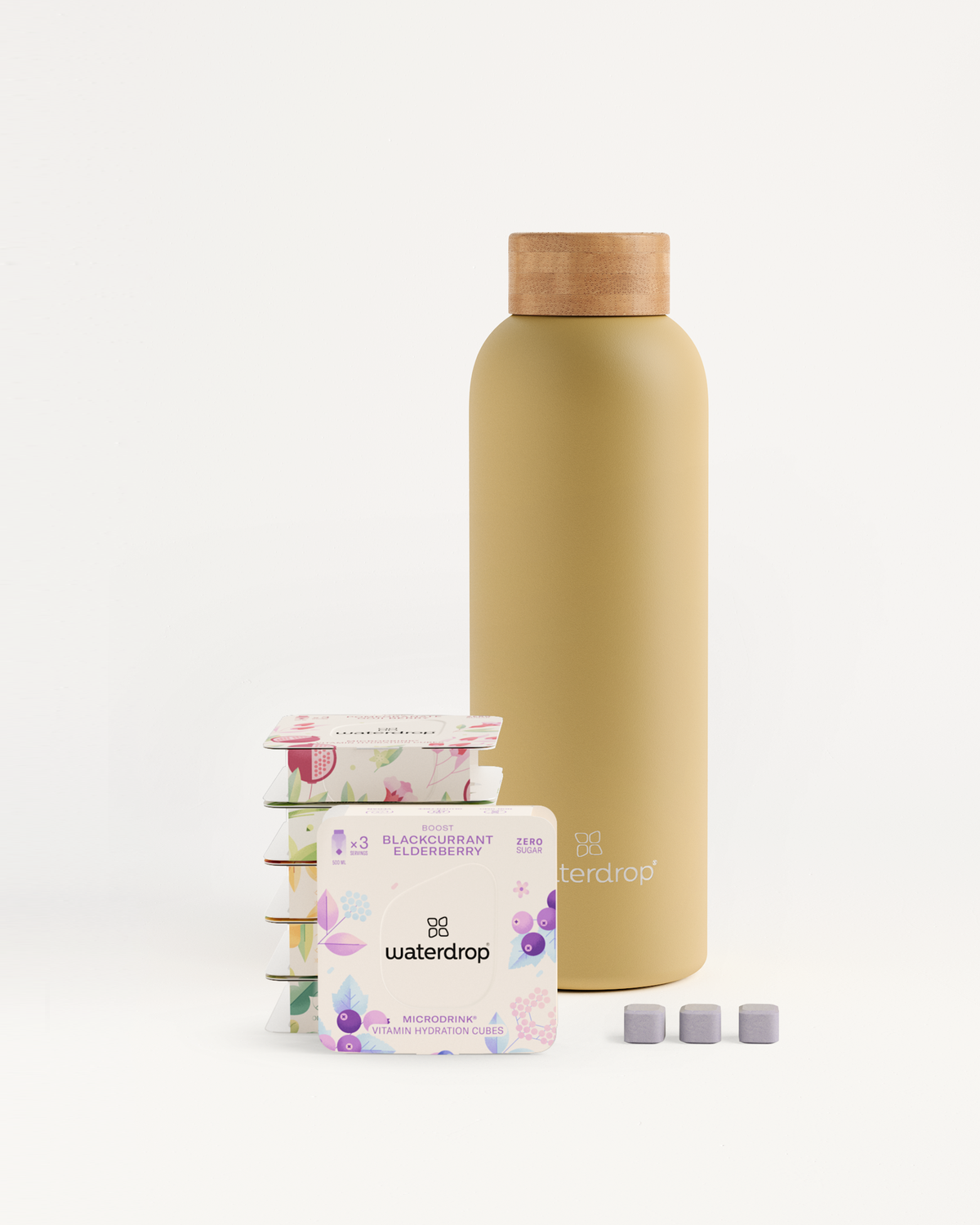 Starter Set Microdrink Thermo Steel: a stainless steel bottle (600ml) and packs of flavored Microdrink cubes in a convenient 3-pack set.