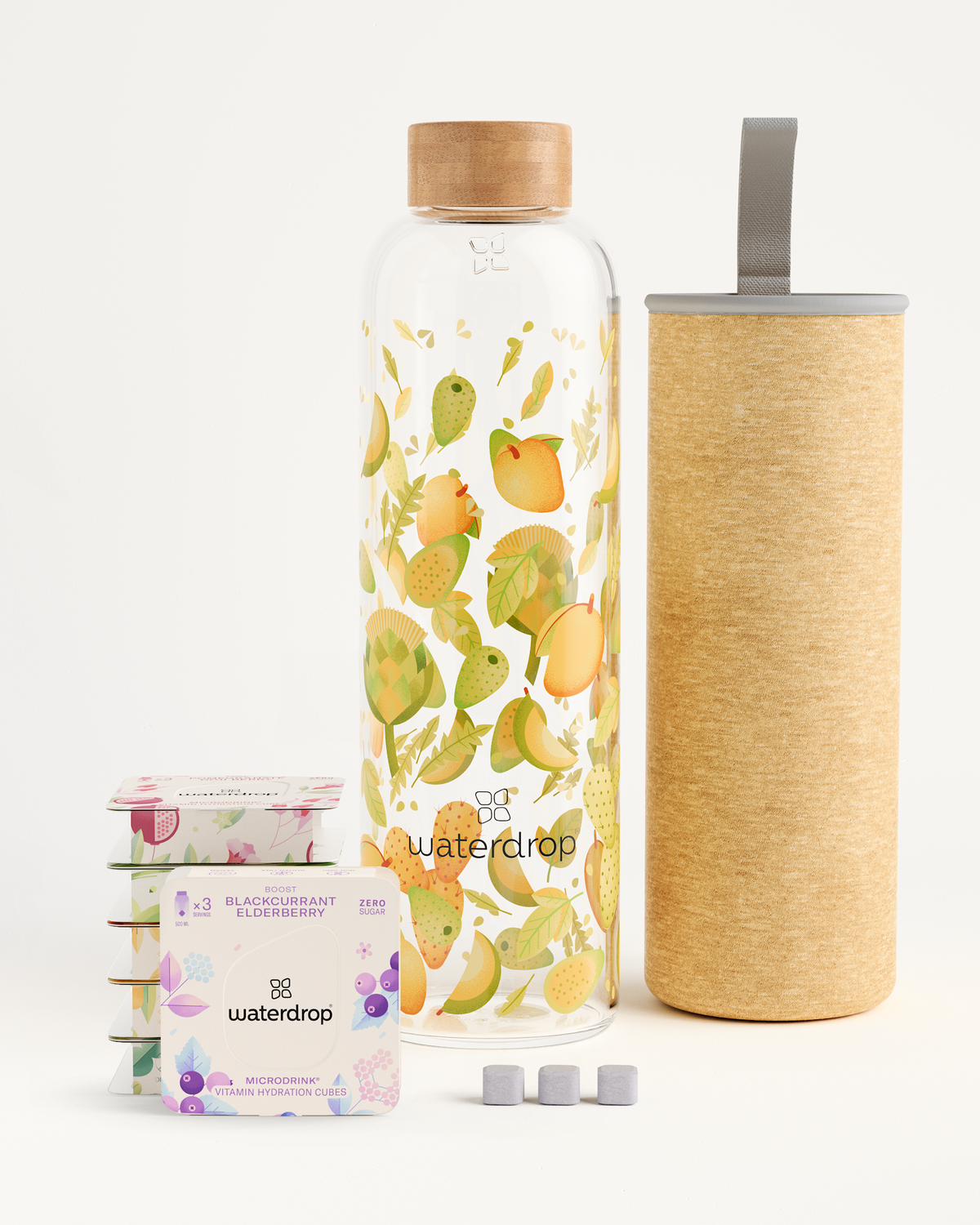 Starter Set Microdrink Glass: a box of Microdrink flavors, a Borosilicate Glass Bottle, and a container with a straw.