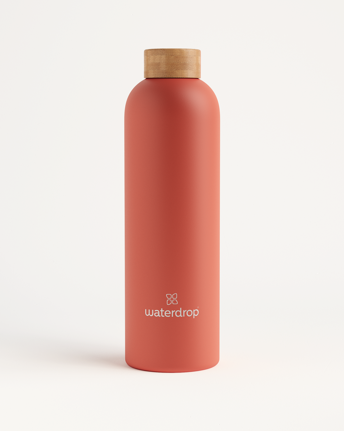 Thermo Steel bottle with a wooden cap, double-walled stainless steel, visible logo.