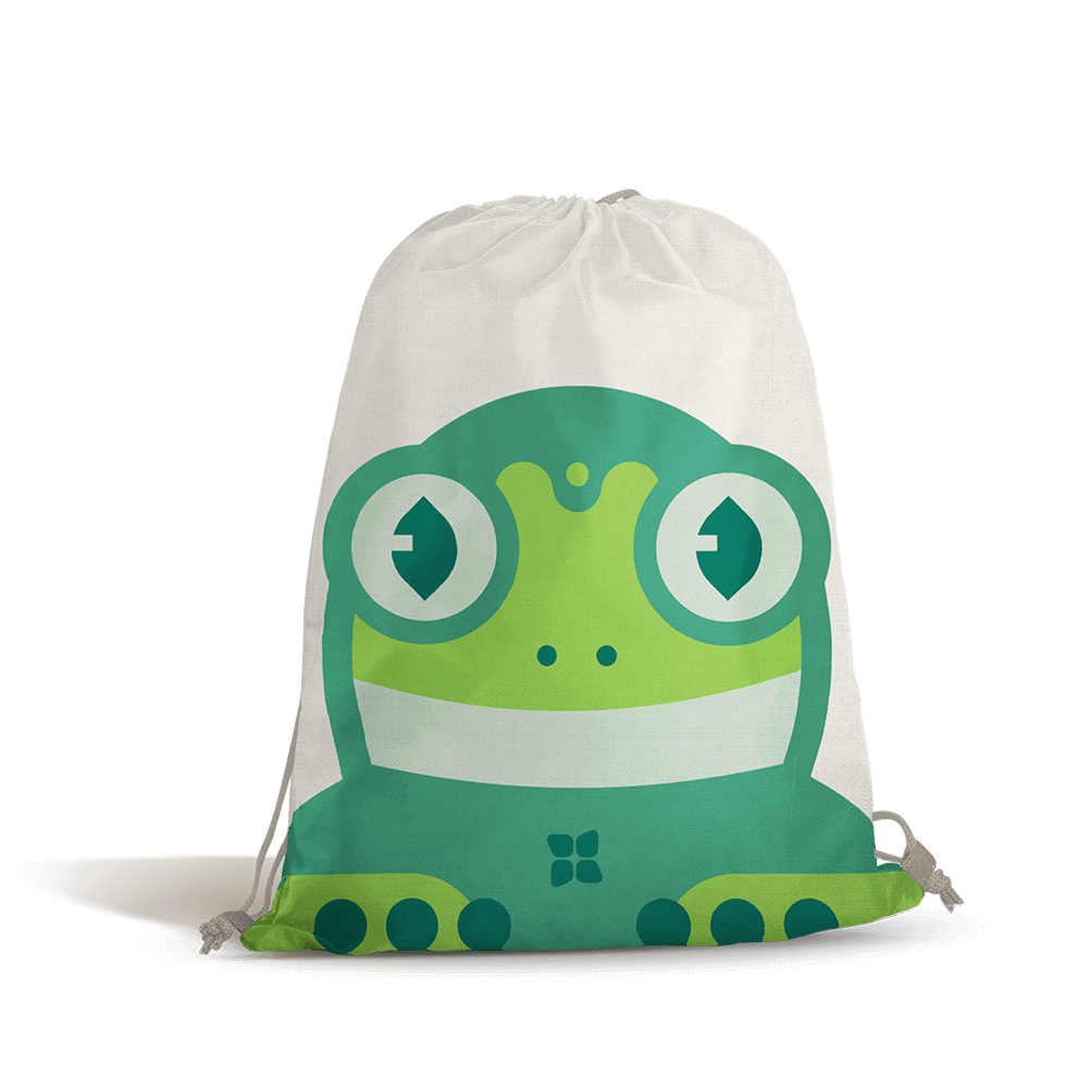 Toddler Backpack featuring a cartoon frog, made from organic cotton with an adjustable chest strap for comfort and functionality.