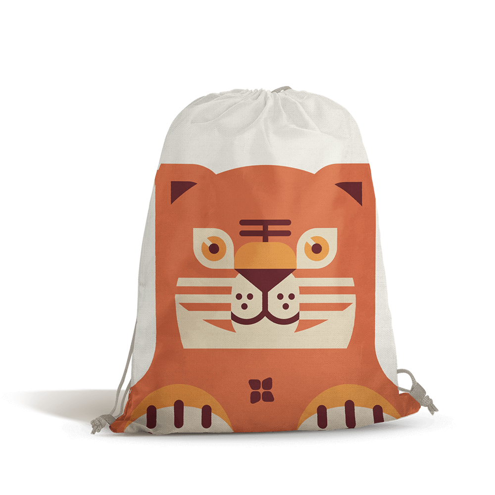 Toddler Backpack featuring a cartoon tiger face, made from organic cotton with an adjustable chest strap. Part of a fun, functional collection for toddlers.